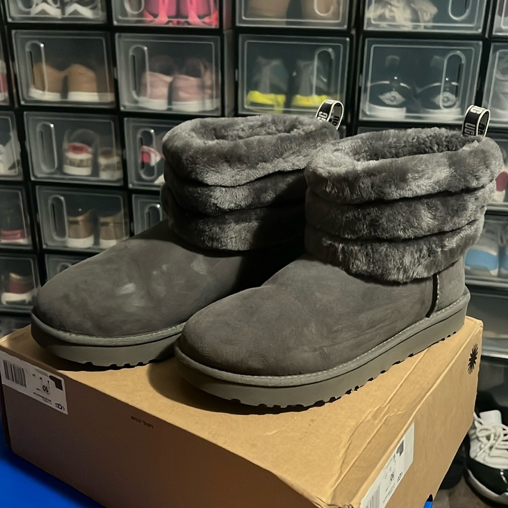 Size 10 grey fluffy mini quilted Uggs
